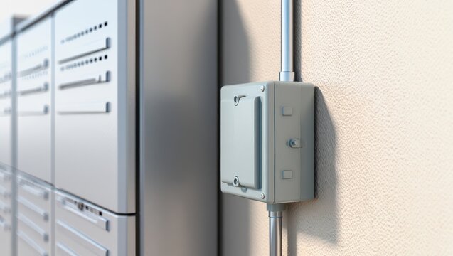 Modern electrical box mounted on a textured wall next to cabinets