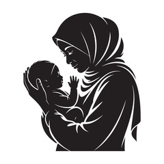 Muslim woman with baby. Woman with baby icon sign vector illustration design. Vector black silhouette. with white background