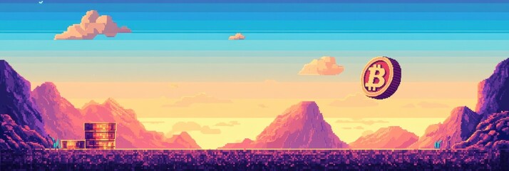 Digital landscape featuring a floating Bitcoin above mountains at sunset, showcasing a vibrant pixel art style in a serene atmosphere