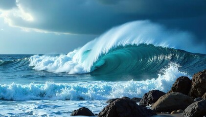 Powerful ocean waves crashing against a rocky shore, demonstrating the raw energy of the sea A breathtaking display of nature's might and the potential of wave power , cliff, natural energy