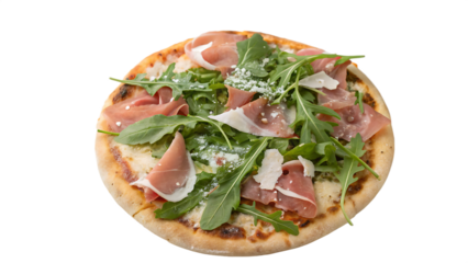 Prosciutto arugula pizza with thin prosciutto slices, fresh arugula, parmesan, white background, no text