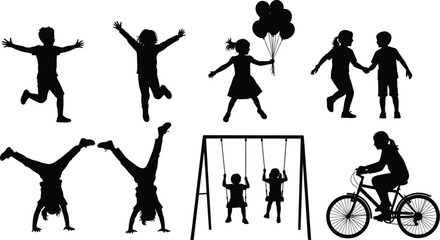 Active children pure black silhouette illustration playing outdoors, jumping, cycling, swinging, holding balloons, and enjoying fun childhood activities on white background vector design
