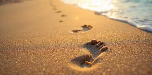 Close-up of footprints in soft, golden sand at the beach, tide gently washing away the marks  Sunlit grains and delicate imprints create a tranquil scene , coastal, foot steps, ocean