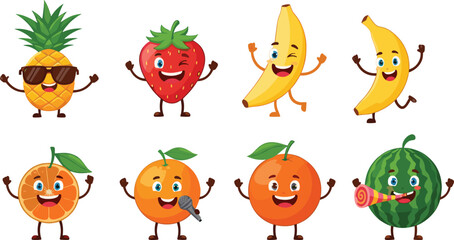Cute funny cartoon fruit characters vector illustration with happy expressions, colorful design, isolated on white background for kids and stickers