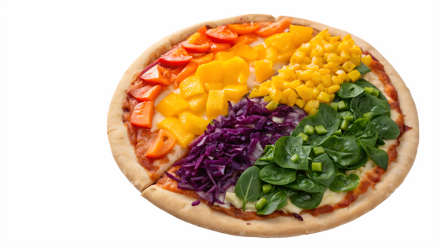 Rainbow veggie pizza with colorful peppers, purple cabbage, corn, spinach, white background, no text