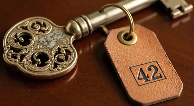 Vintage brass key with leather tag marked 42 on wooden surface  