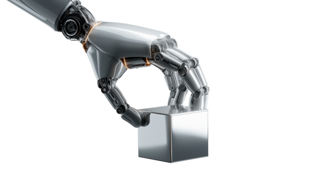 Robotic hand holding metallic cube. Futuristic AI technology concept for innovation and automation.