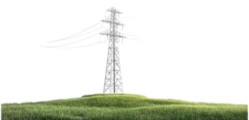  a single paper-like electric tower, grassy field, simple design, white background,