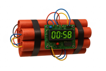Dynamite bomb with digital timer is showing almost one minute to detonation on transparent background