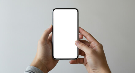 Hands Holding Smartphone with Blank White Screen Against Neutral Background