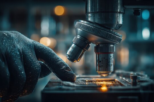 Close-up of a scientist's gloved hand adjusting a high-tech microscope in a lab.