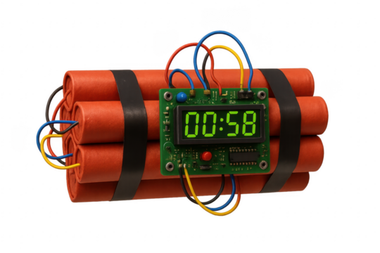 Dynamite bomb with digital timer is showing almost one minute to detonation on transparent background