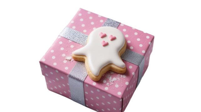 Sweet treat ghost cookie with pink hearts on a pink polka dot gift box for Halloween holiday fun