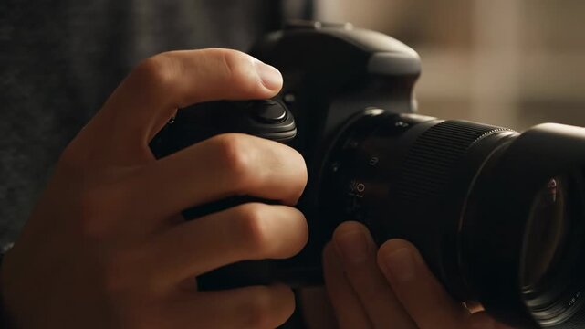 Close Up Photographer Pressing Shutter Button - A close-up shot of a photographer's hands holding a DSLR camera, focusing on the act of pressing the shutter button.