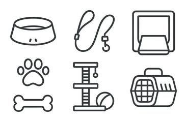 Set of pet accessories icons: bowl, leash, door, paw print, bone, scratching post, carrier