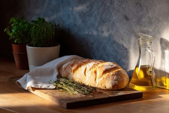 A rustic kitchen countertop with freshly baked sourdough bread, herbs, and olive oil under warm morning light