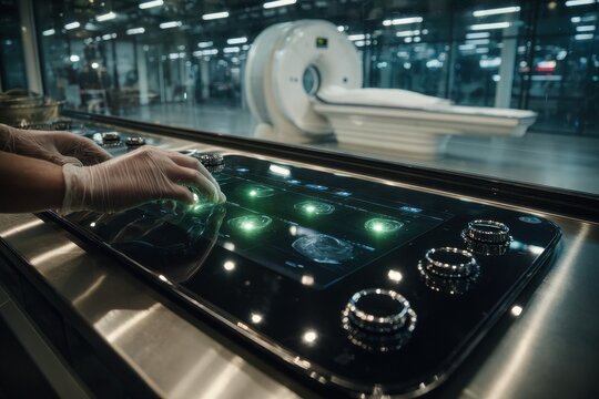 Medical professional operating a high-tech scanner control panel in a modern clinic.