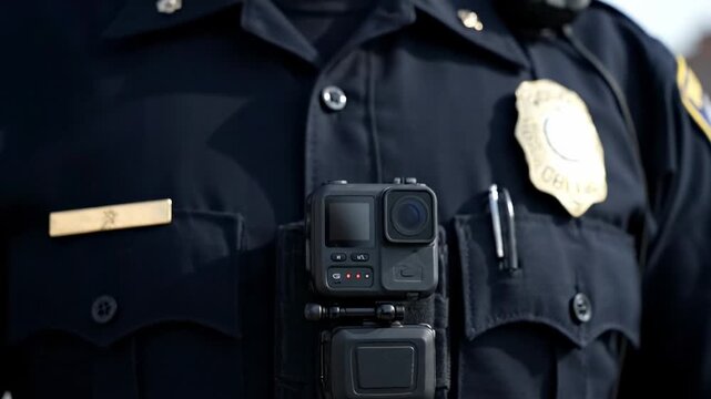 Police Officer Adjusting Body Camera - Close-up view of a police officer's uniform with a body camera attached. The officer is adjusting the position of the camera on their chest.