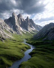 Fototapeta premium A dramatic mountain landscape with towering peaks and a winding river running through a lush valley under a cloudy sky