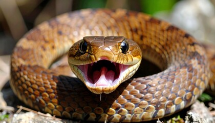 Obraz premium Serpiente marrón en primer plano, con la boca abierta