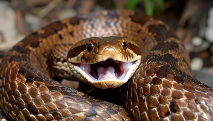 Obraz premium Serpiente marrón en primer plano, con la boca abierta