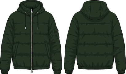 Men’s green puffer jacket vector illustration, hooded zip-up winter coat, padded warm outerwear, casual streetwear, insulated cold weather garment template © Momotaj Contributor
