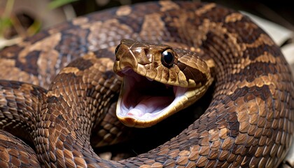 Naklejka premium Serpiente marrón en primer plano, con la boca abierta