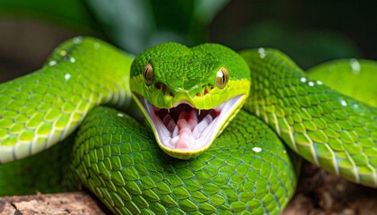 Fototapeta premium Serpiente verde en primer plano, con la boca abierta