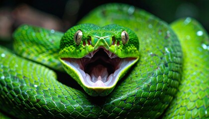 Fototapeta premium Serpiente verde en primer plano, con la boca abierta