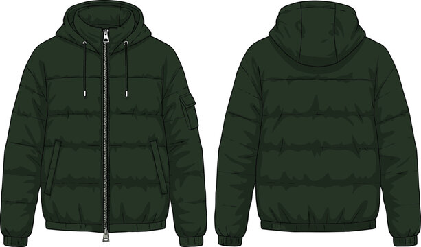 Men’s green puffer jacket vector illustration, hooded zip-up winter coat, padded warm outerwear, casual streetwear, insulated cold weather garment template