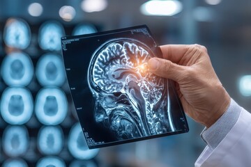 Medical expert analyzing a human brain MRI scan with a glowing area.