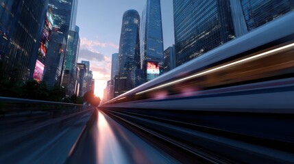 Fototapeta premium High-speed train passing through a futuristic cityscape with towering skyscrapers and digital billboards at sunset