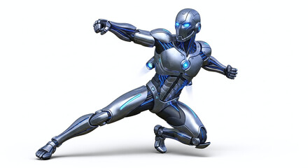 Dynamic cyborg character in action resembling a superhero. Generative AI.