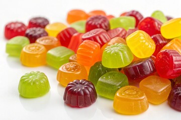 A row of colorful jelly beans are arranged in a rainbow pattern