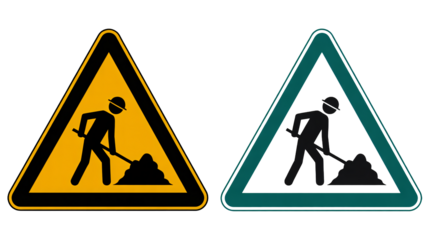 Two construction signs symbolize road work ahead carefully now