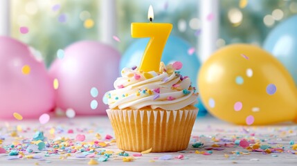 Colorful cupcake with number 7 candle and balloons for seventh birthday celebration