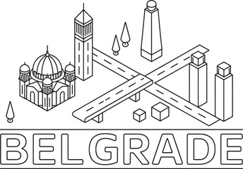 Belgrade Skyline Isometric Vector Illustration with Famous Landmarks and City Name Outline