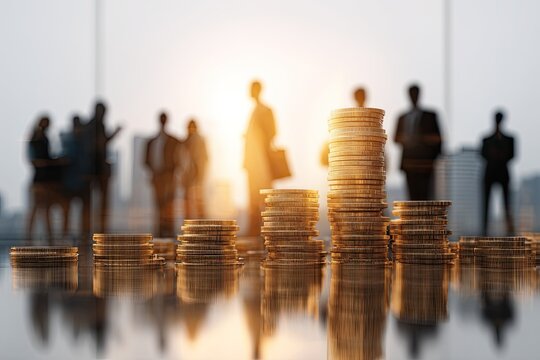 Golden coins stacked high, business people in background