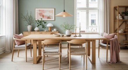 Light wood dining table and chairs with pastel pink accents and green wall dining room dining chairs