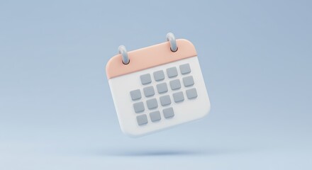 A minimalist 3D rendered calendar icon floats against a pale blue background.