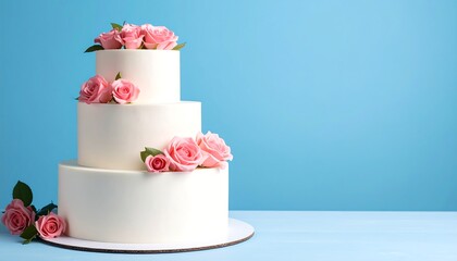 A three-tiered white cake adorned with pink roses, on a light blue background.  Simple, elegant dessert