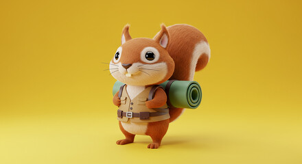 "Adorable Cartoon Squirrel Explorer with Backpack on Yellow Background"