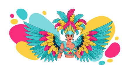 Obraz premium Vibrant Carnival Dancer with Feathered Costume and Wings.