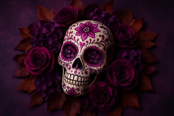 Ornate sugar skull adorned with vibrant purple flowers against a dark background