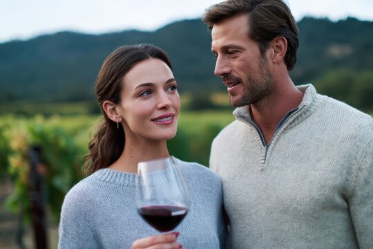 A couple enjoying wine tasting in a rustic vineyard with rolling hills and grapevines