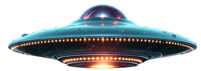 a flying saucer-shaped unidentified flying object (ufo) or alien spacecraft flying in the air with lights, isolated on a white background