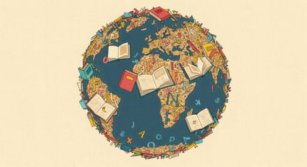 A conceptual illustration depicting Earth as a global hub of learning, with books and educational elements signifying worldwide literacy and knowledge dissemination