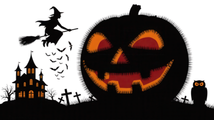 Spooky Halloween night scene with witch flying on broom and haunted mansion silhouette