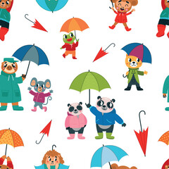 Animals with umbrellas. Cartoon animal holding umbrella, autumn seasonal seamless pattern. Cute frog mouse sloth panda characters, vector background