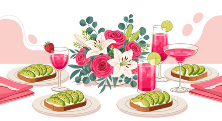 Elegant Brunch Setting with Floral Centerpiece and Refreshing Drinks.